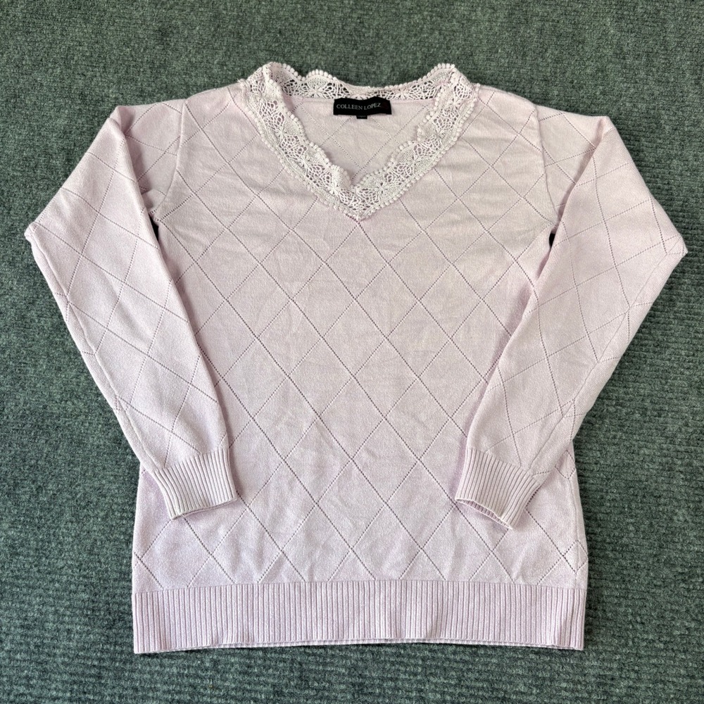 Colleen Lopez Pink V-Neck Lace Trim Pointelle Knit Sweater Womens Small 4351